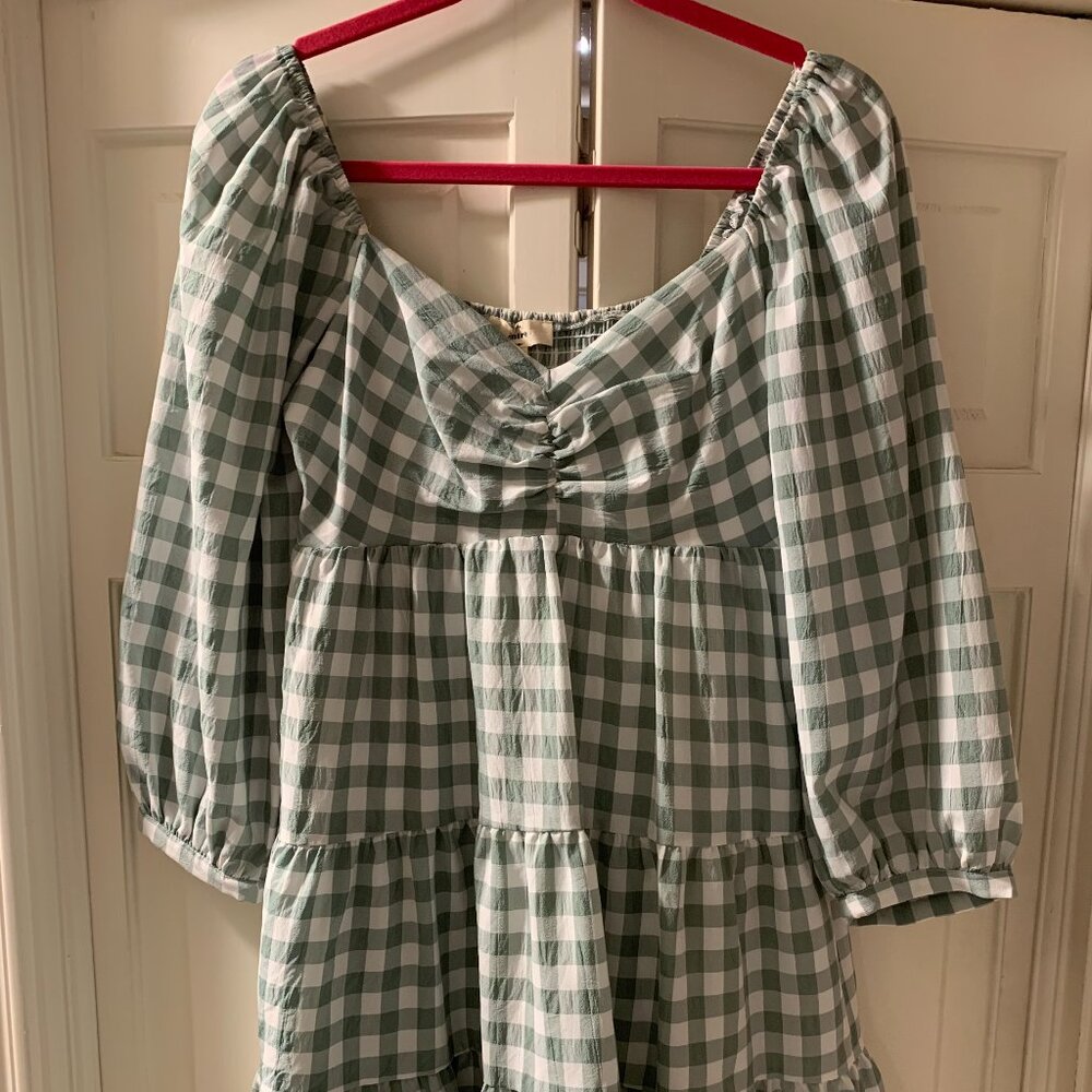 Entro Dress Medium Green Gingham Baby Doll Puff Sleeve Fit Flare Smocked